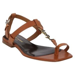 Saint Laurent Cassandra YSL Logo T Strap Toe Ring Sandal Brown Size 41